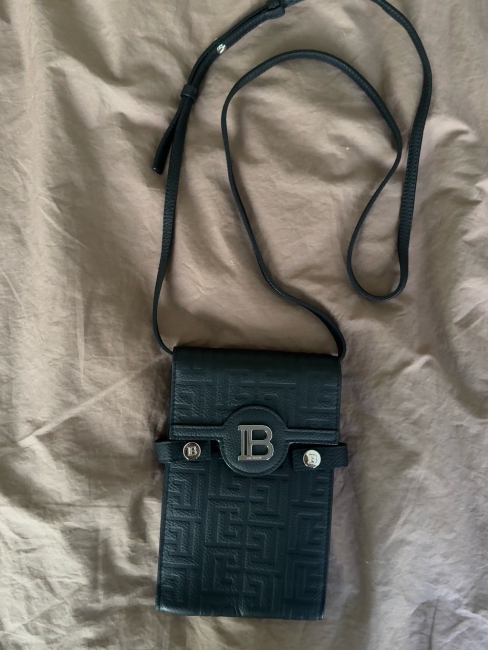 Balmain Black Embossed Leather Crossbody Phone Pouch with 'B' Logo